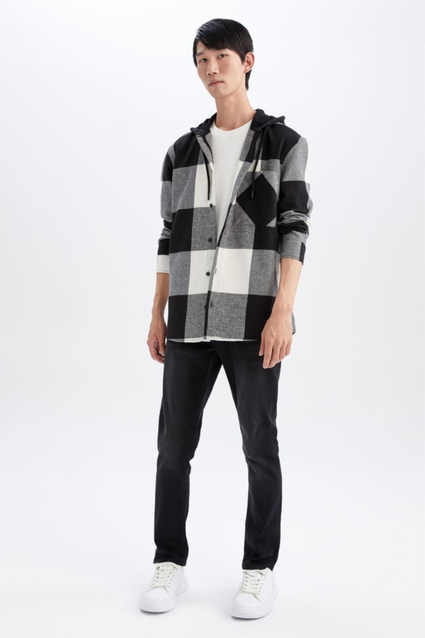 MAN Black Regular Fit Hooded Square Patterned Long Sleeve Lumberjack Shirt Jacket