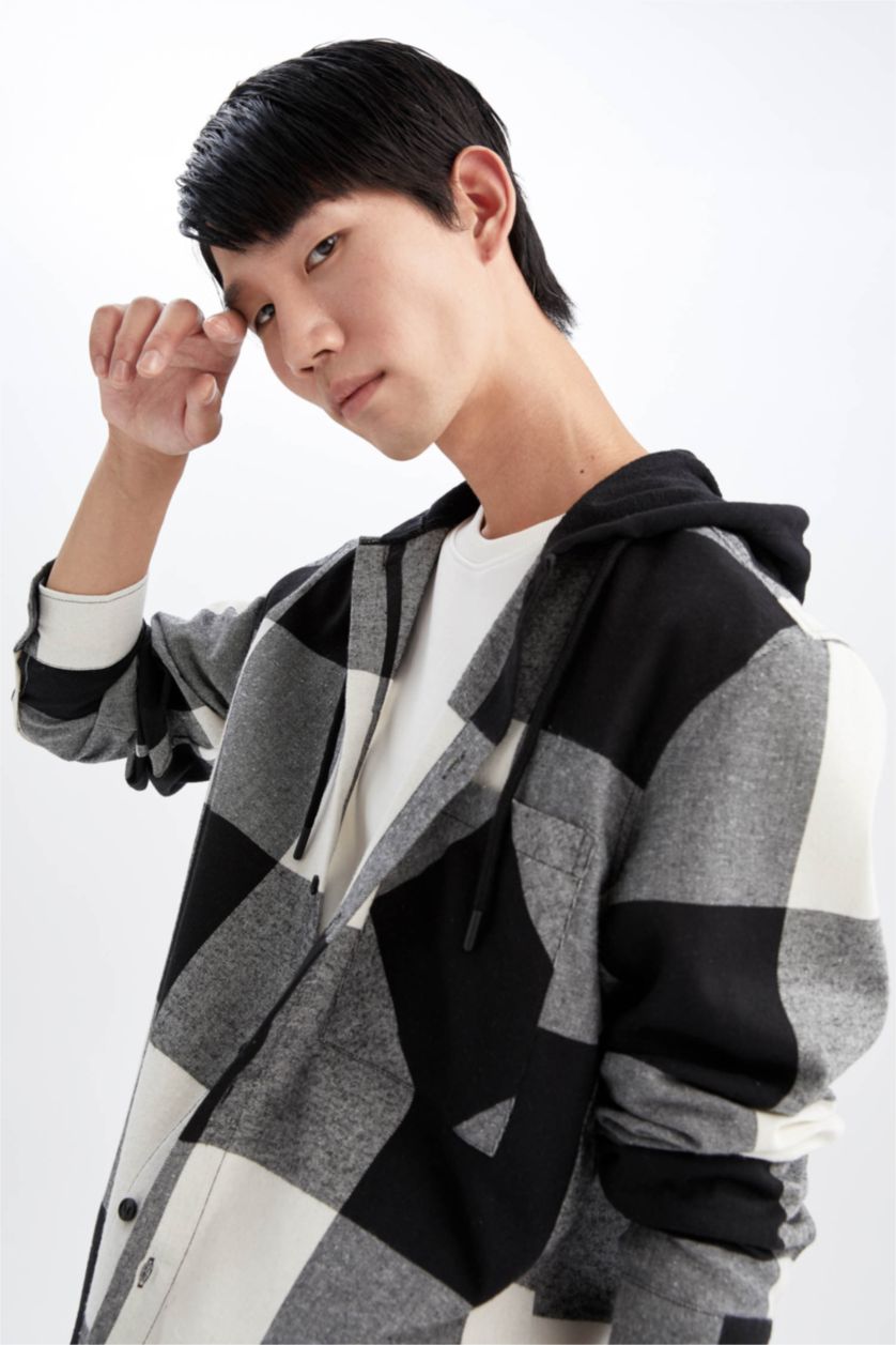 MAN Black Regular Fit Hooded Square Patterned Long Sleeve Lumberjack Shirt Jacket