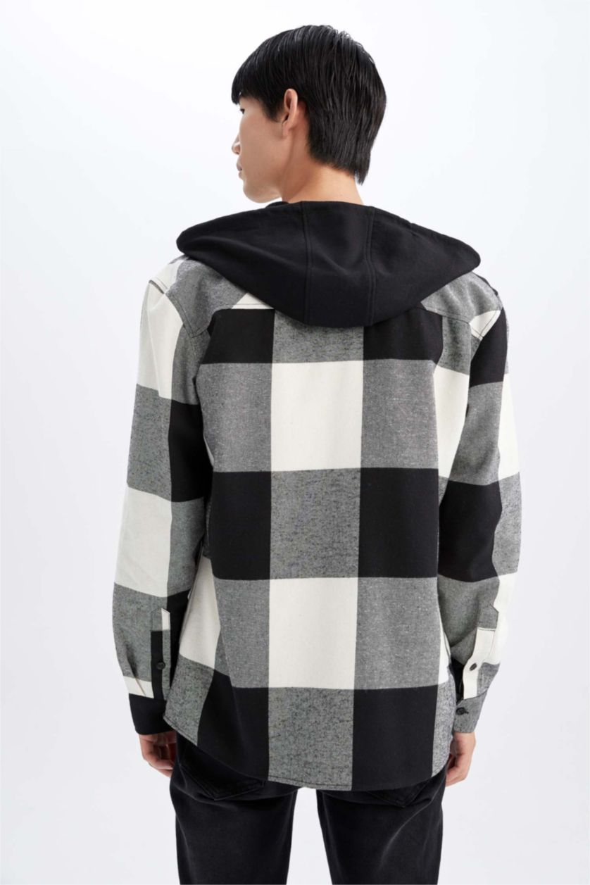 MAN Black Regular Fit Hooded Square Patterned Long Sleeve Lumberjack Shirt Jacket