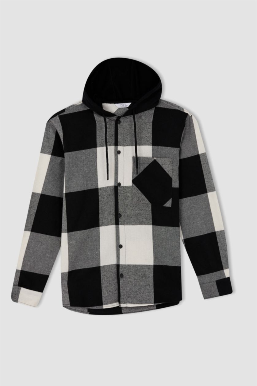 MAN Black Regular Fit Hooded Square Patterned Long Sleeve Lumberjack Shirt Jacket