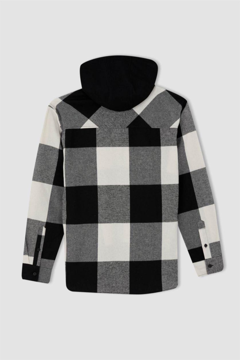 MAN Black Regular Fit Hooded Square Patterned Long Sleeve Lumberjack Shirt Jacket