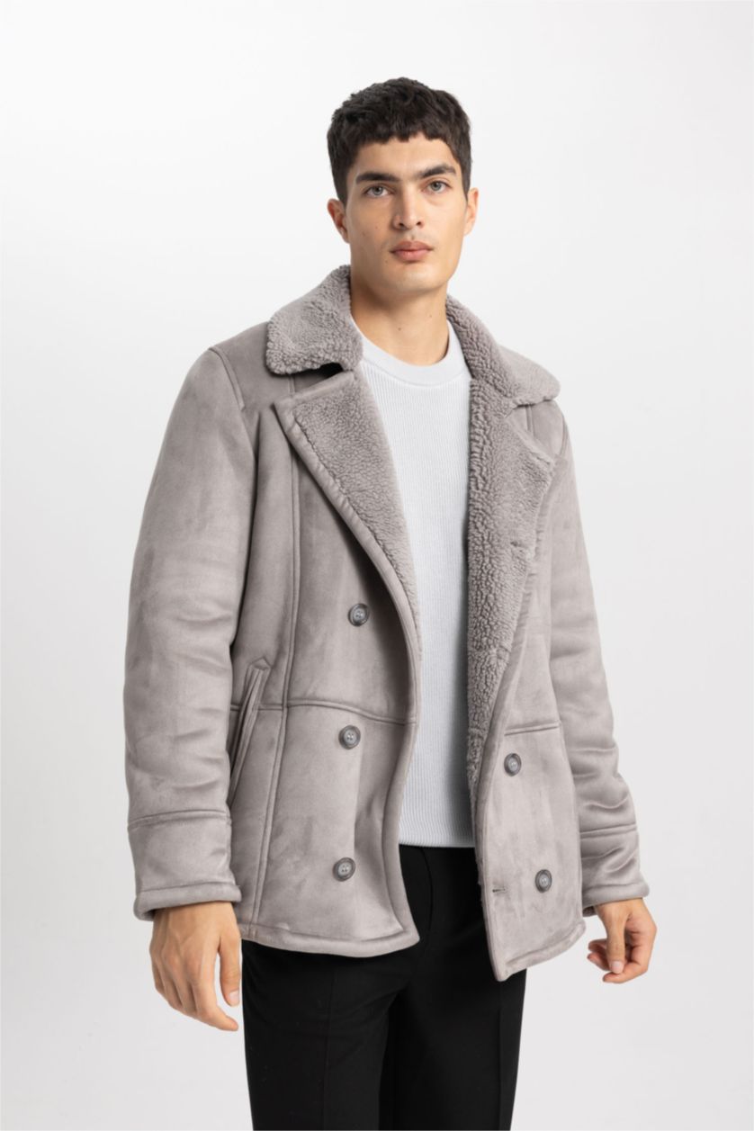 Erkek Gri Slım Fıt Ceket Yaka Pelüş Astar Düğmeli Süet Mont