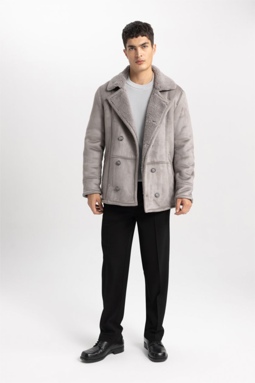 Erkek Gri Slım Fıt Ceket Yaka Pelüş Astar Düğmeli Süet Mont