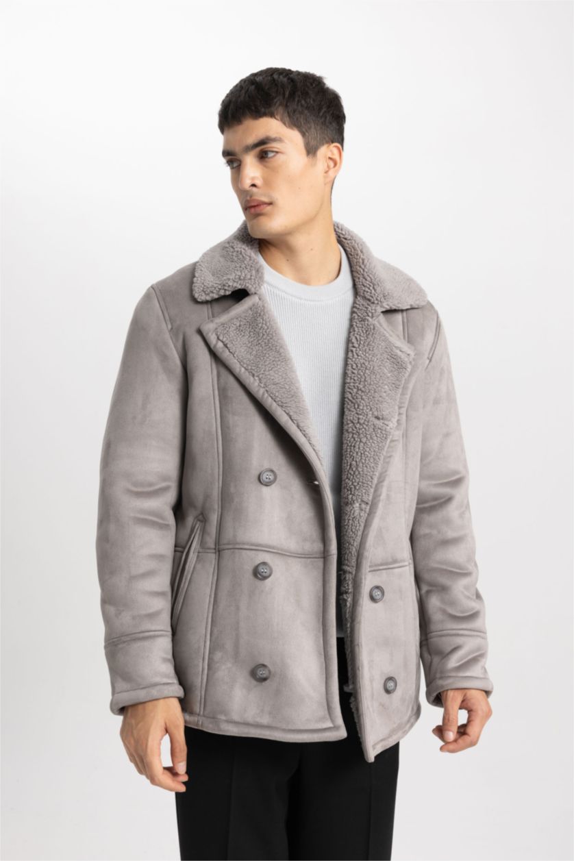Erkek Gri Slım Fıt Ceket Yaka Pelüş Astar Düğmeli Süet Mont
