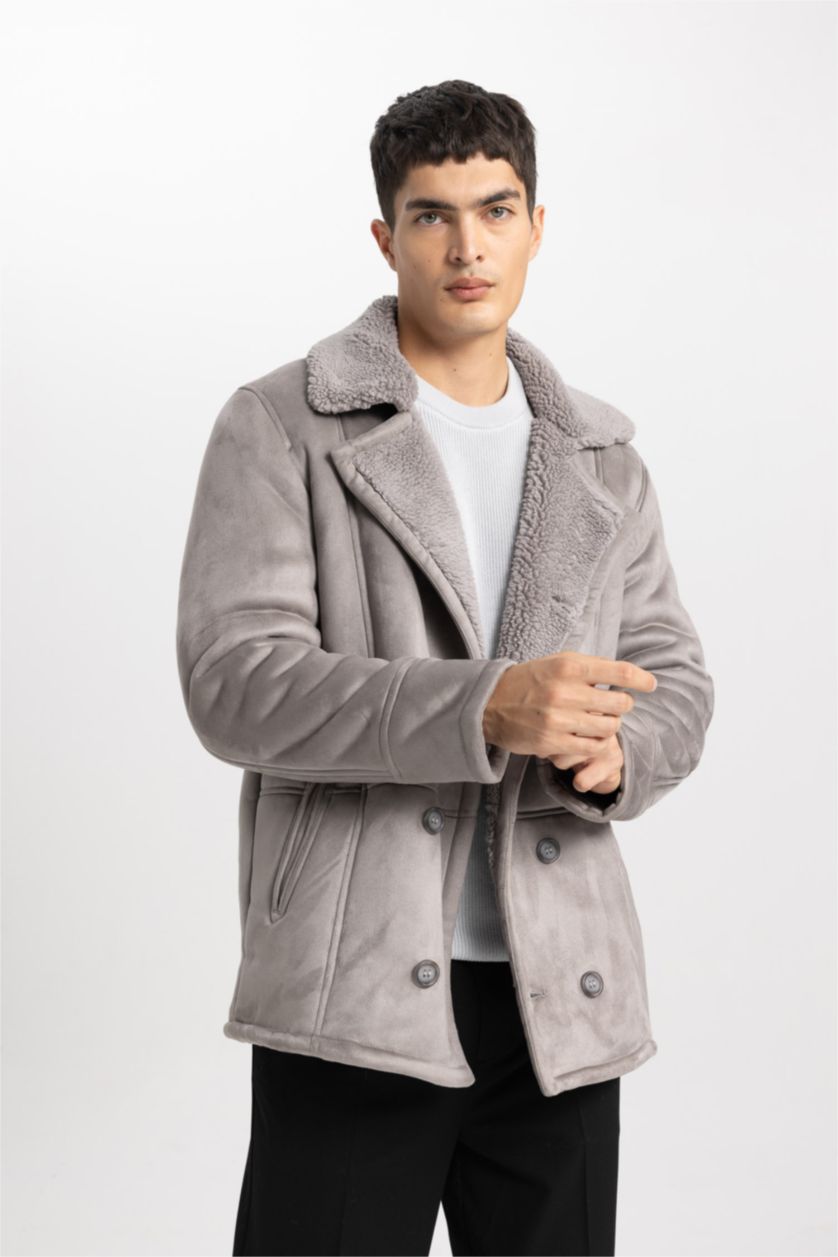 Erkek Gri Slım Fıt Ceket Yaka Pelüş Astar Düğmeli Süet Mont