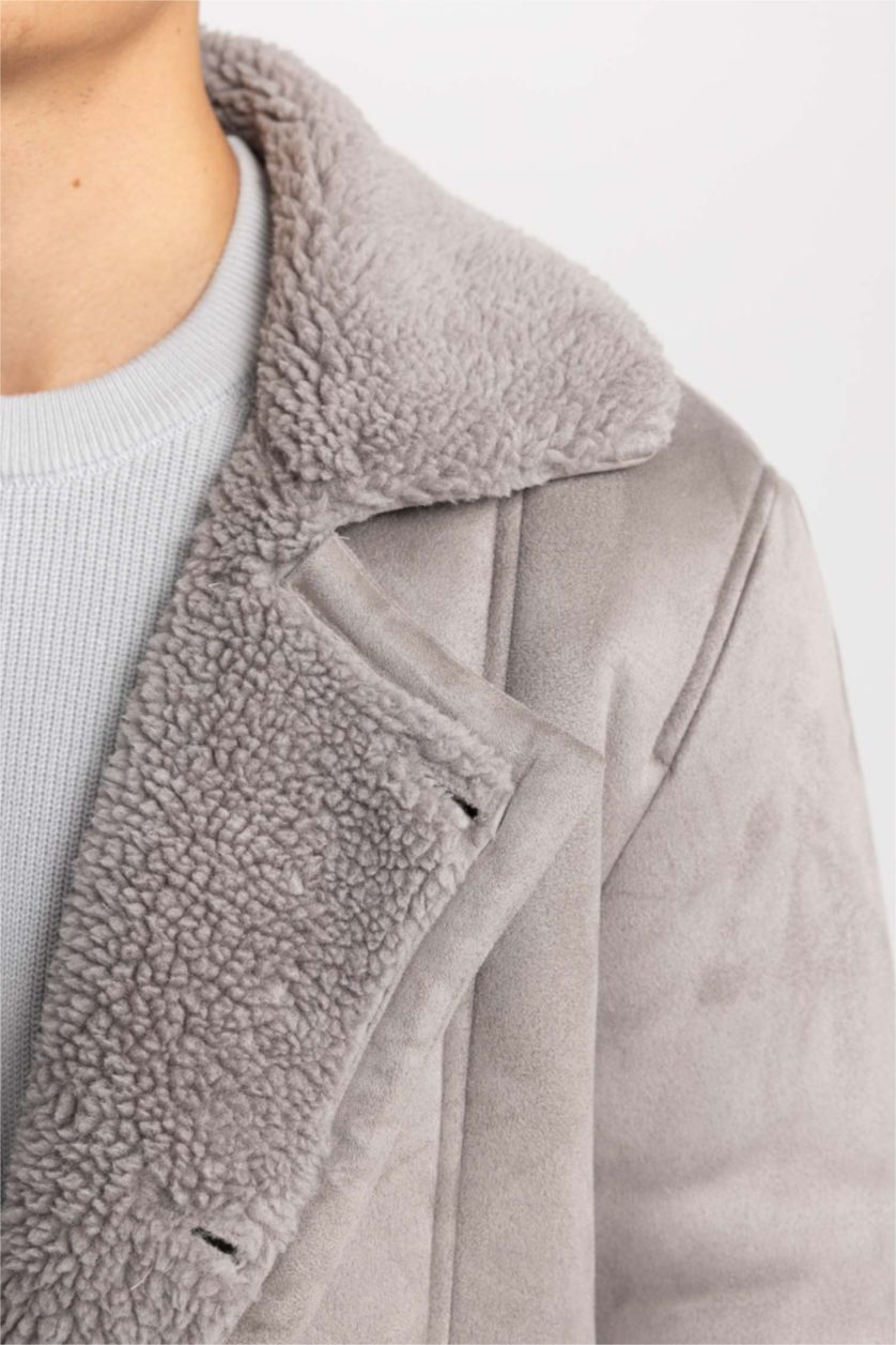 Erkek Gri Slım Fıt Ceket Yaka Pelüş Astar Düğmeli Süet Mont