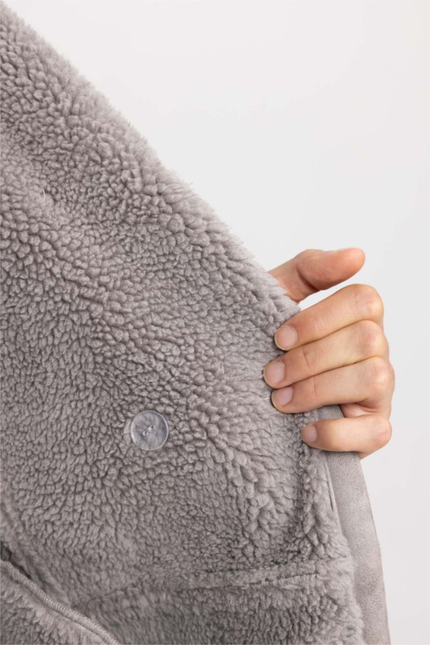 Erkek Gri Slım Fıt Ceket Yaka Pelüş Astar Düğmeli Süet Mont