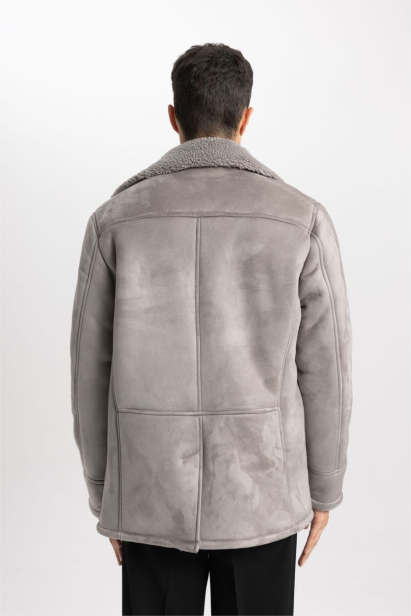 Erkek Gri Slım Fıt Ceket Yaka Pelüş Astar Düğmeli Süet Mont