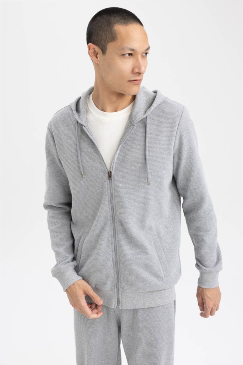 MAN Grey Regular Fit Hooded Zipper Long Sleeve Sweatshirt
