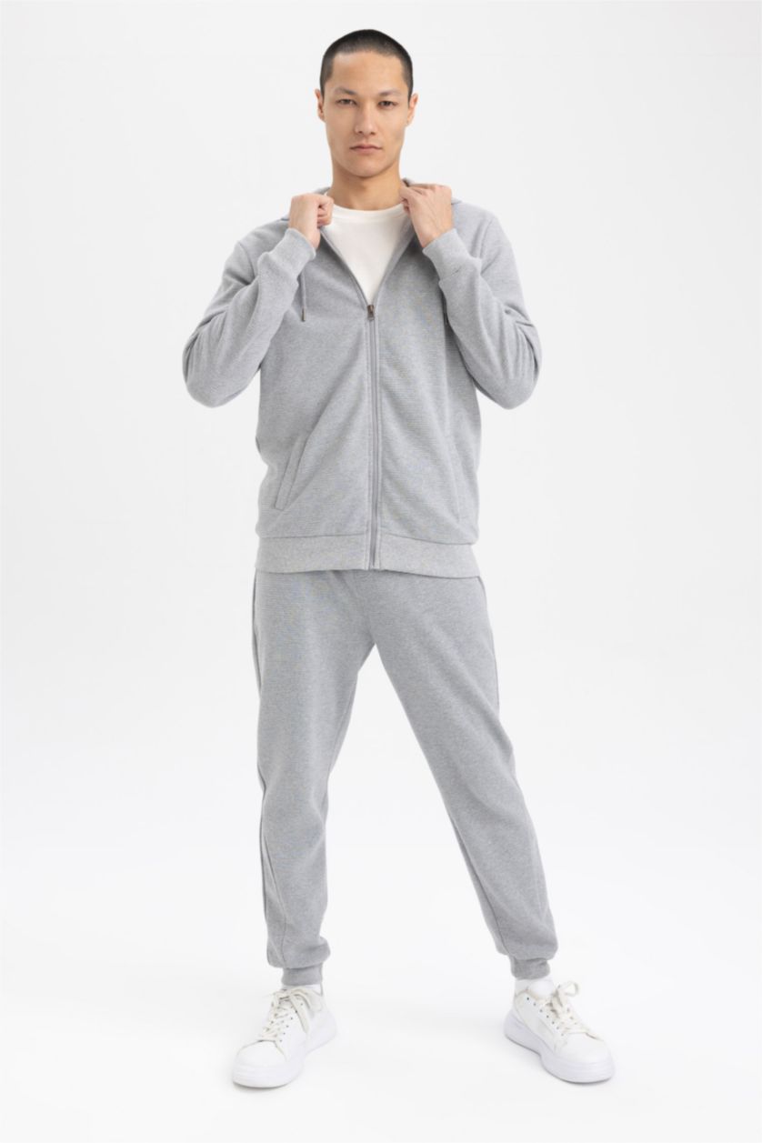 MAN Grey Regular Fit Hooded Zipper Long Sleeve Sweatshirt