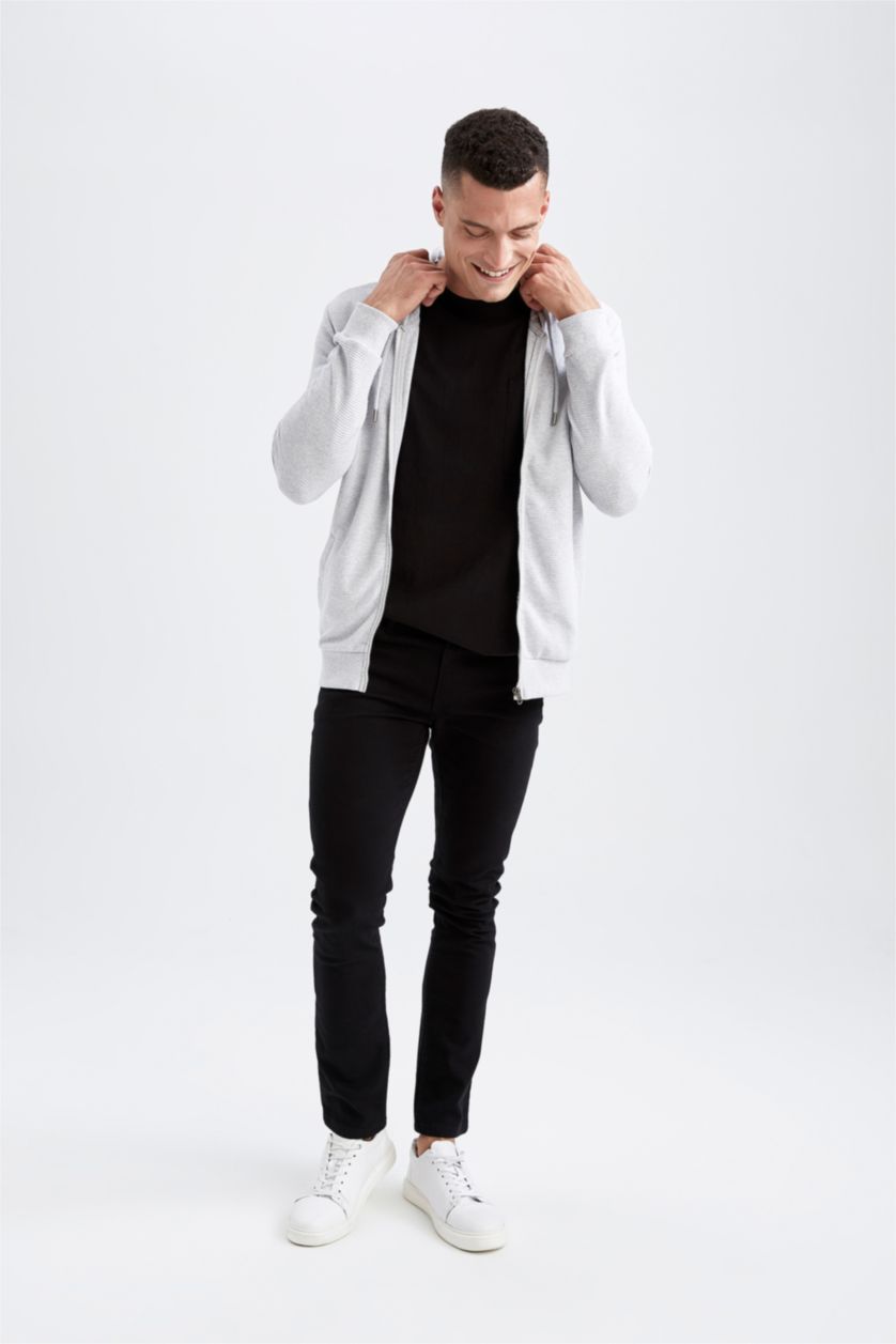 MAN Grey Regular Fit Hooded Zipper Long Sleeve Sweatshirt