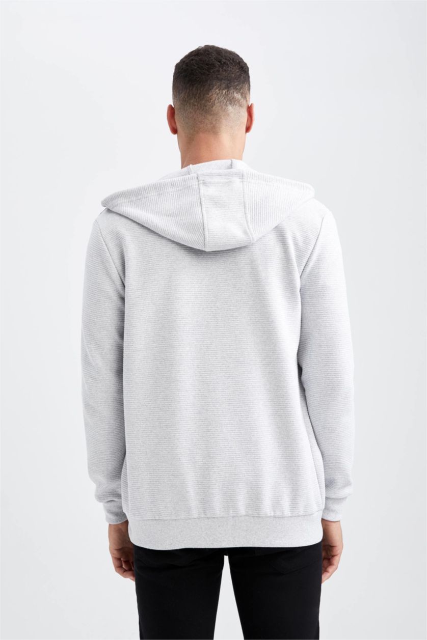 MAN Grey Regular Fit Hooded Zipper Long Sleeve Sweatshirt