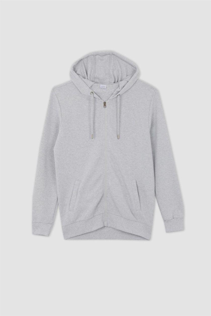 MAN Grey Regular Fit Hooded Zipper Long Sleeve Sweatshirt