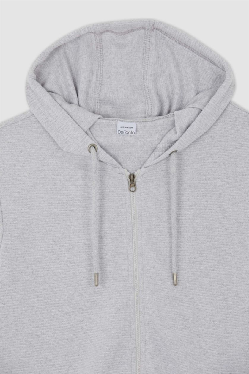 MAN Grey Regular Fit Hooded Zipper Long Sleeve Sweatshirt