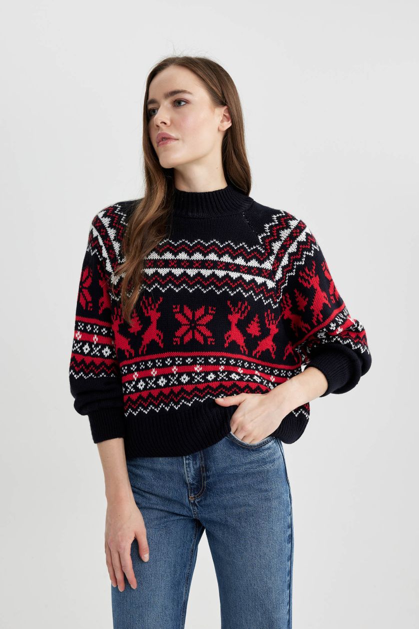 Kadın Lacivert Yılbaşı Temalı Yarım Balıkçı Yaka Kazak