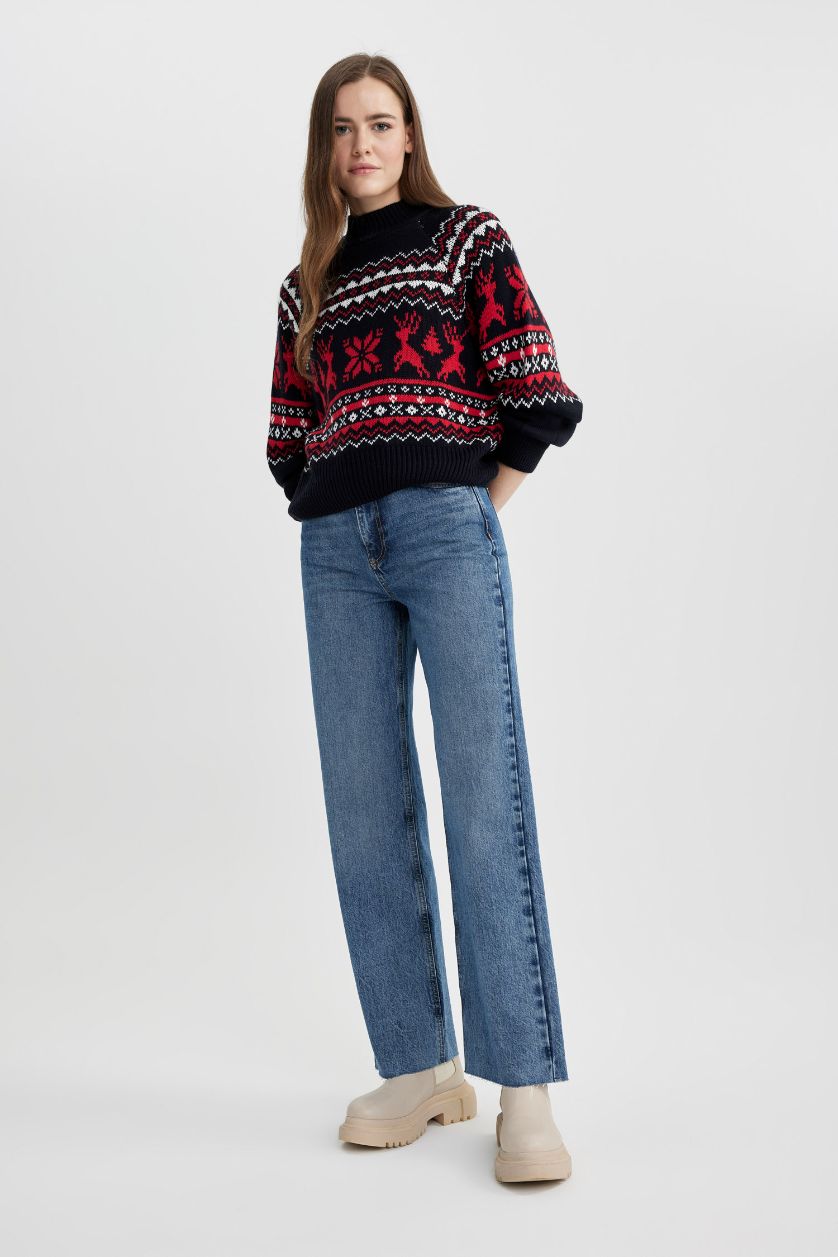 Kadın Lacivert Yılbaşı Temalı Yarım Balıkçı Yaka Kazak