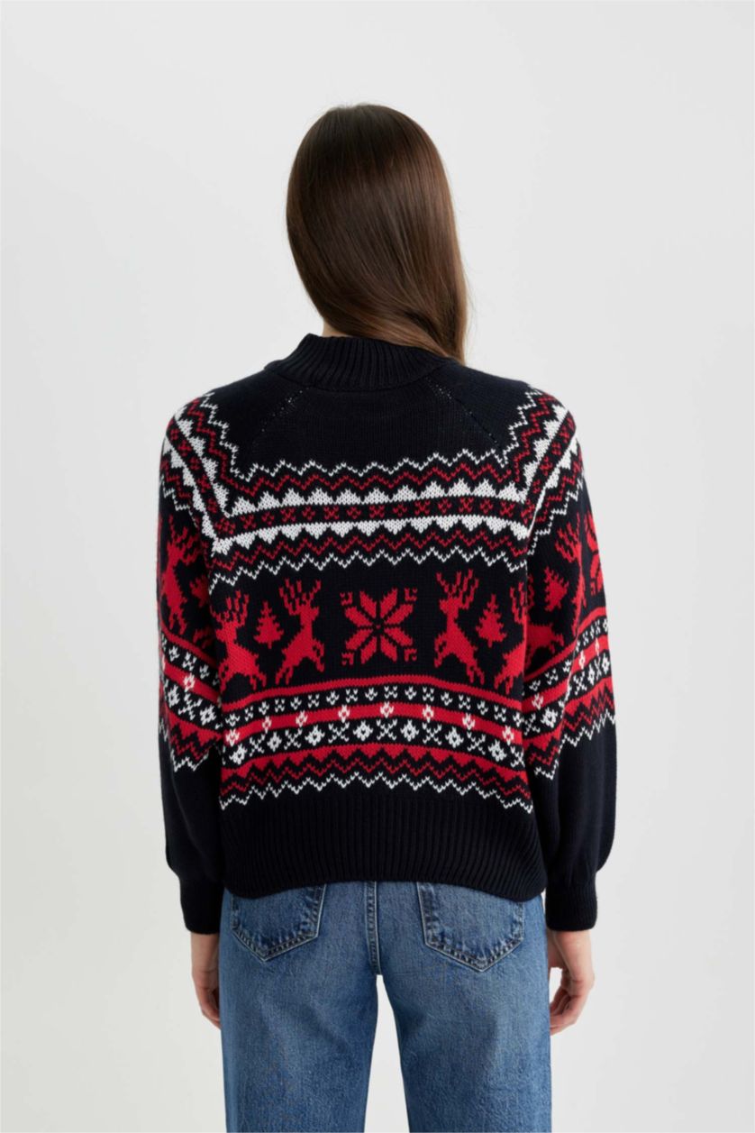 Kadın Lacivert Yılbaşı Temalı Yarım Balıkçı Yaka Kazak