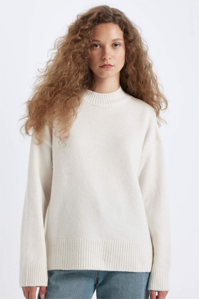 WOMAN Ecru Oversize Fit Half Turtleneck Long Knitwear Pullover
