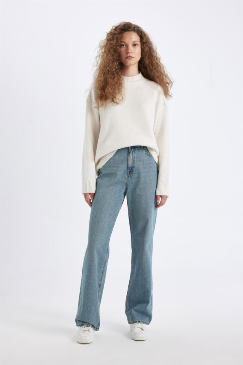 WOMAN Ecru Oversize Fit Half Turtleneck Long Knitwear Pullover