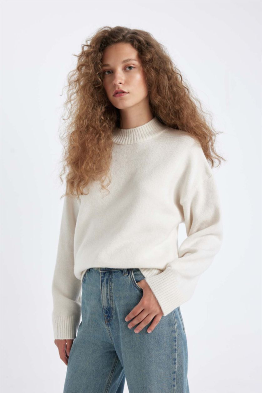 WOMAN Ecru Oversize Fit Half Turtleneck Long Knitwear Pullover