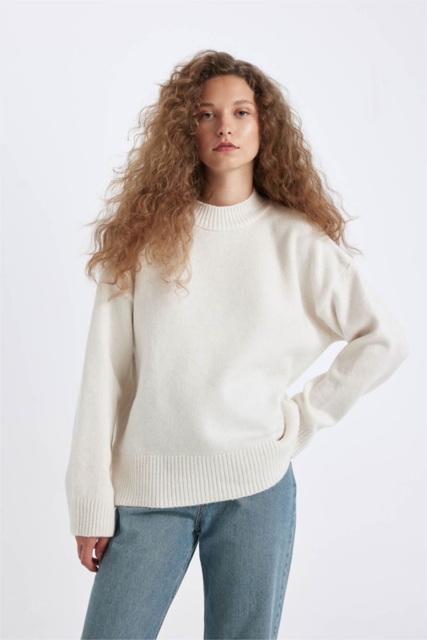 WOMAN Ecru Oversize Fit Half Turtleneck Long Knitwear Pullover