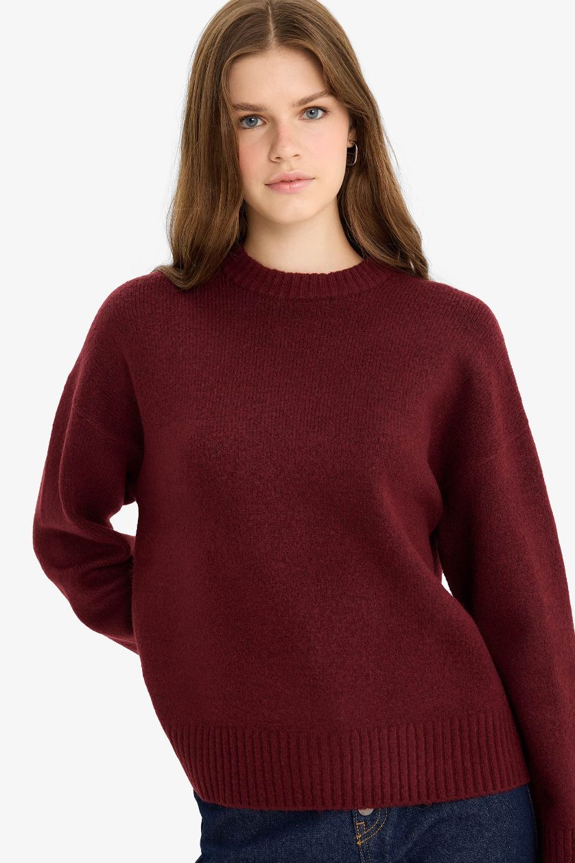 FEMME Bordeaux Pull à col rond Coupe oversize