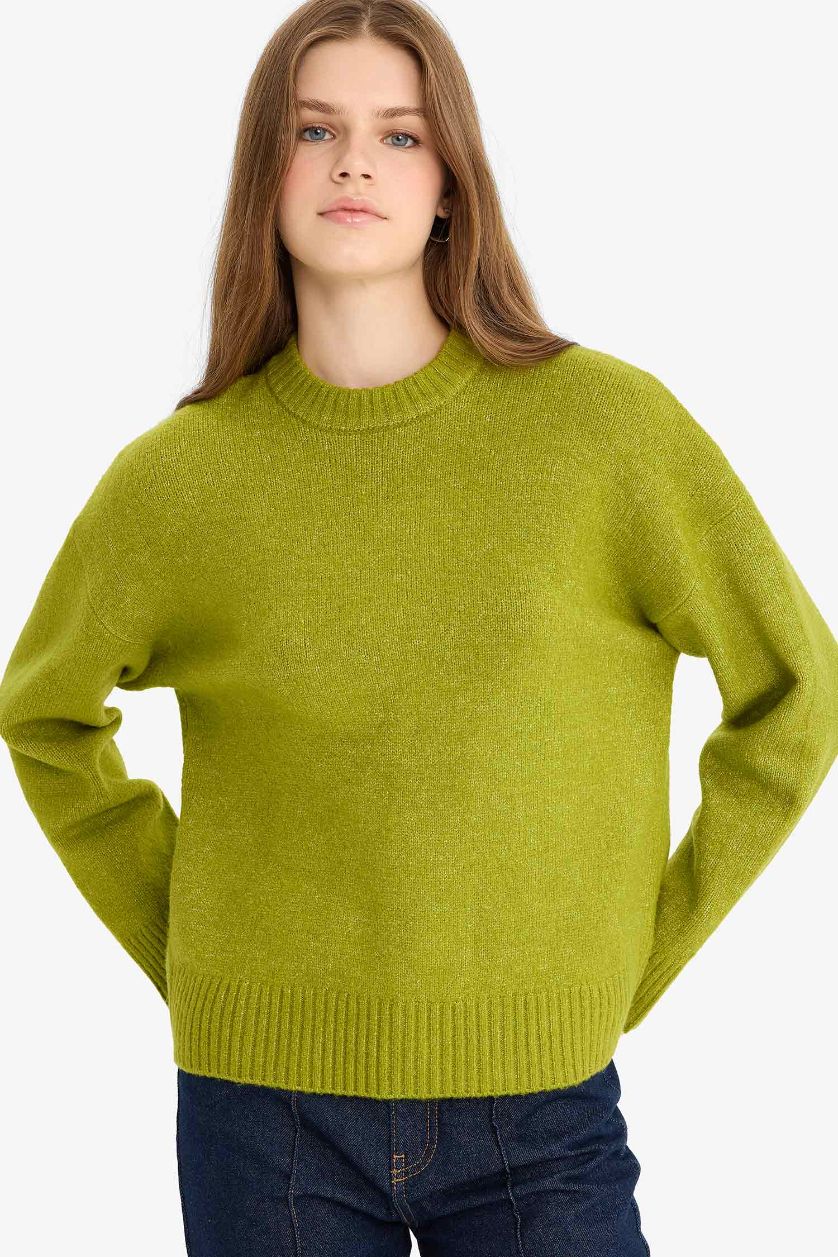 Woman Green Oversize Fit Half Turtleneck Long Knitwear Pullover
