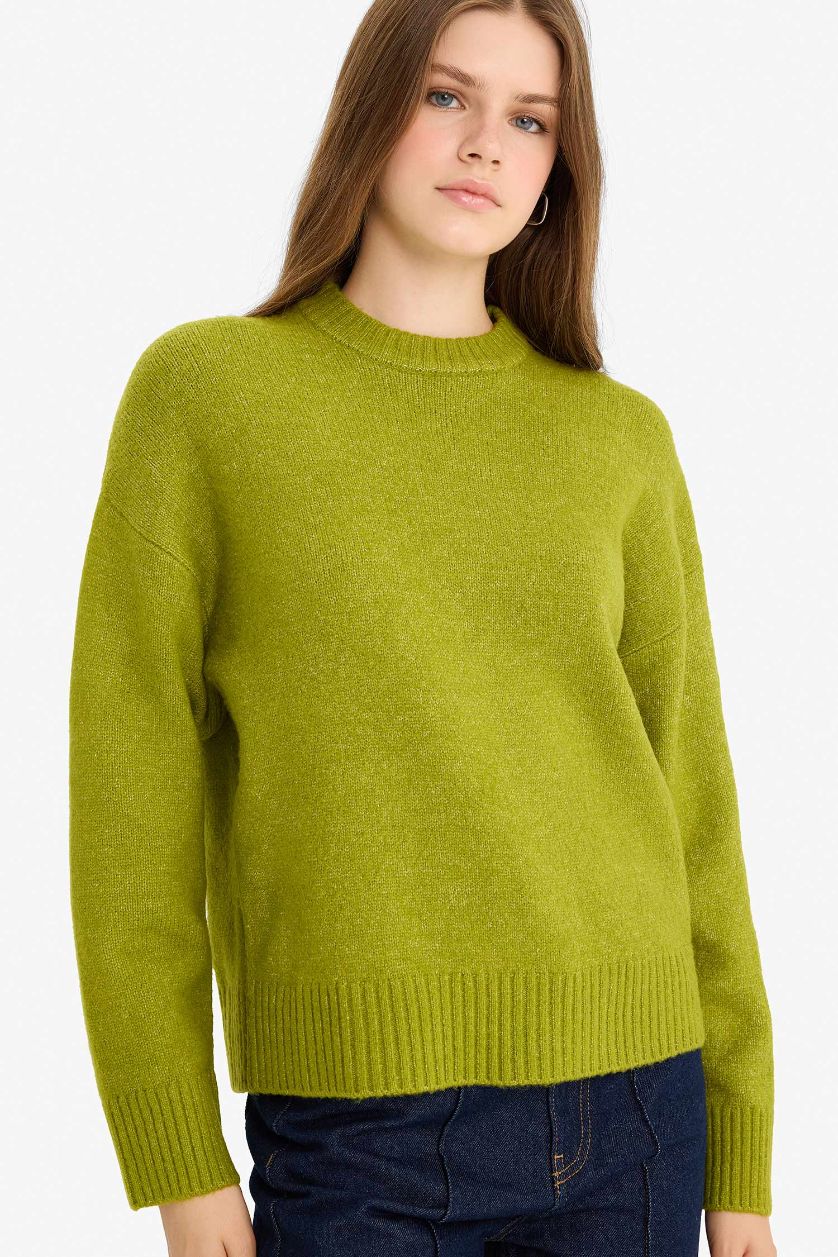 Woman Green Oversize Fit Half Turtleneck Long Knitwear Pullover