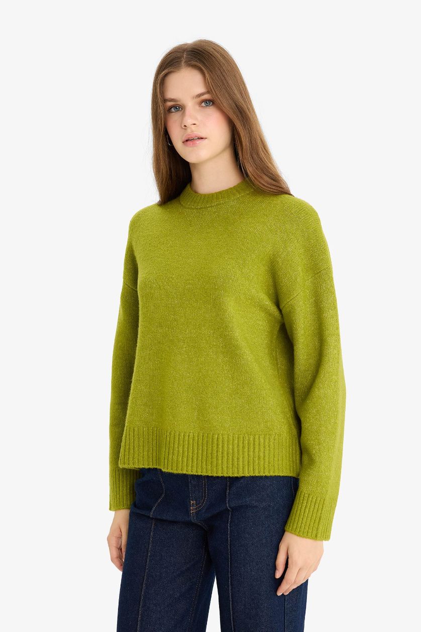 Woman Green Oversize Fit Half Turtleneck Long Knitwear Pullover