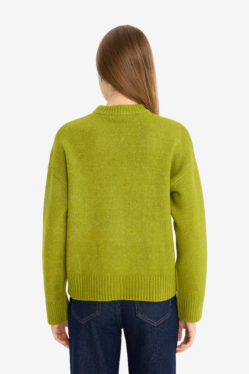 Woman Green Oversize Fit Half Turtleneck Long Knitwear Pullover