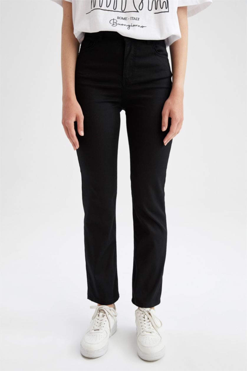 FEMME Noir Pantalon droit taille haute en gabardine