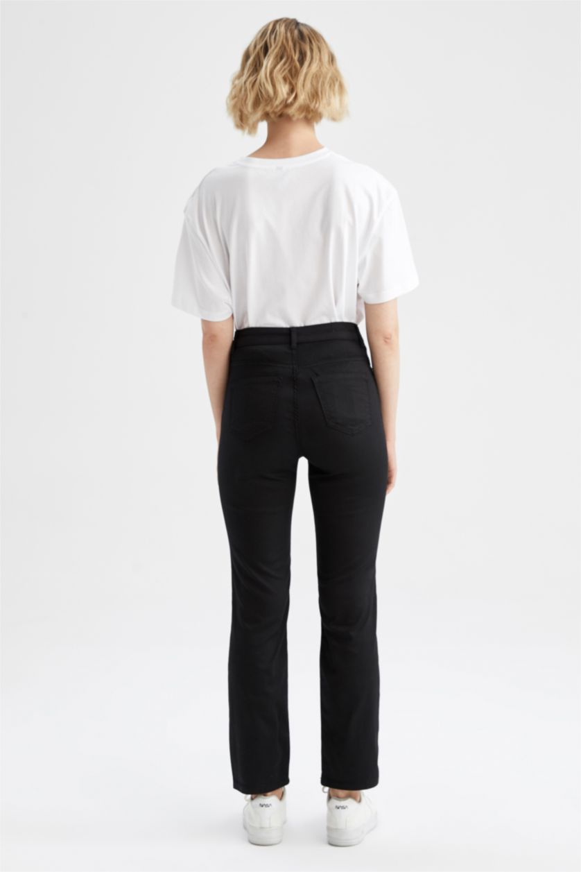 FEMME Noir Pantalon droit taille haute en gabardine