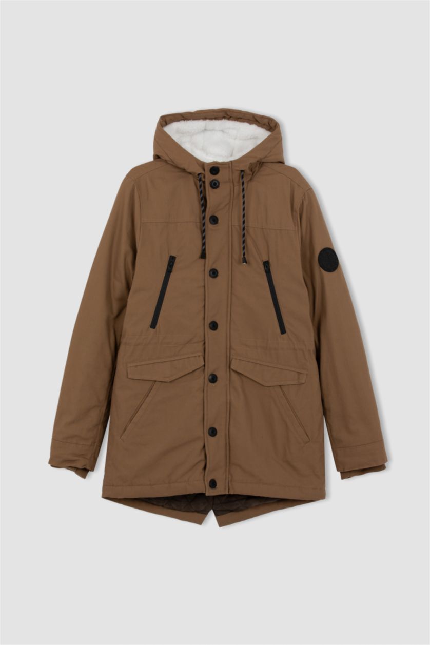 Erkek Açık Kahve Slim Fit Dar Kesim Kapüşonlu Pelüş Astar Fermuarlı Çıtçı Kapamalı Cepli Mont Parka