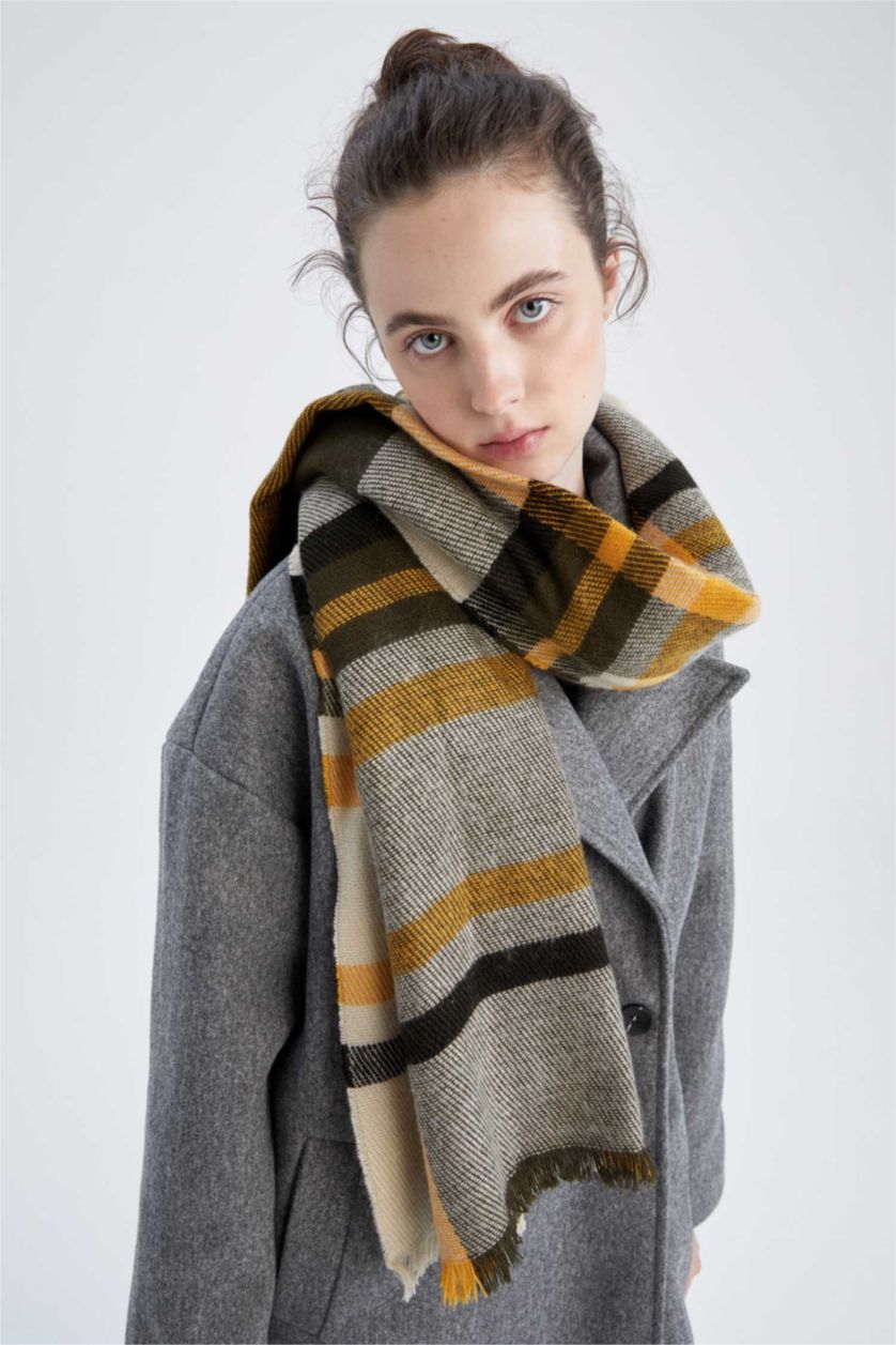 WOMAN Beige Women's Plaid Patterned Tasseled Scarf