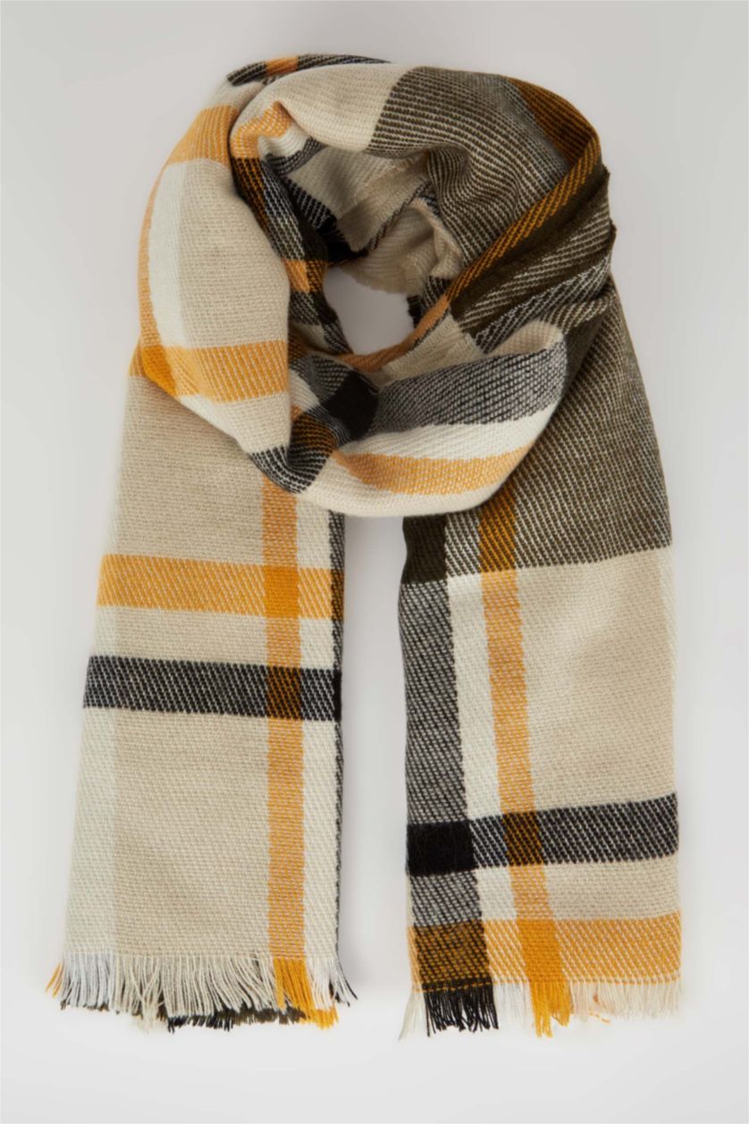 WOMAN Beige Women's Plaid Patterned Tasseled Scarf