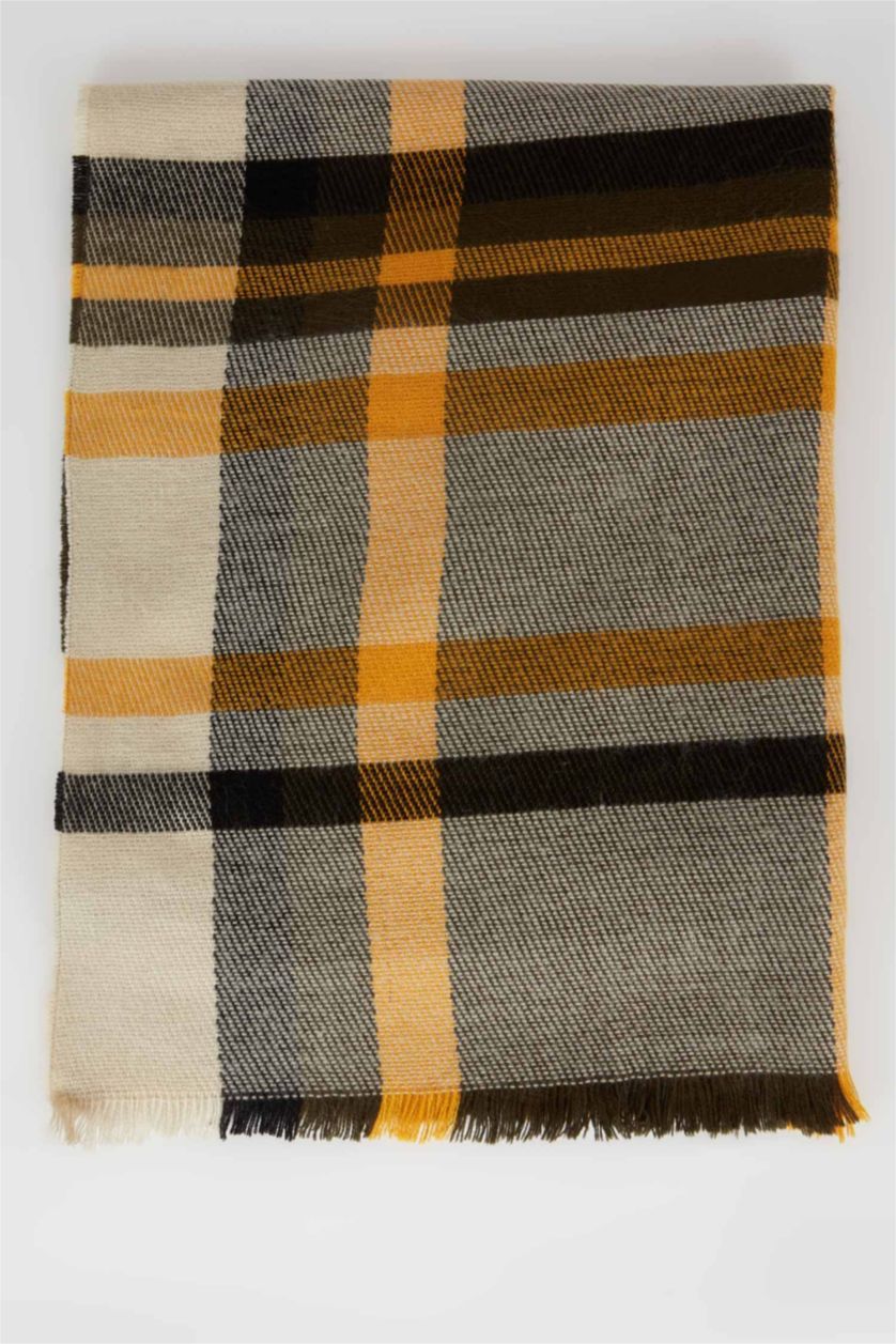 WOMAN Beige Women's Plaid Patterned Tasseled Scarf