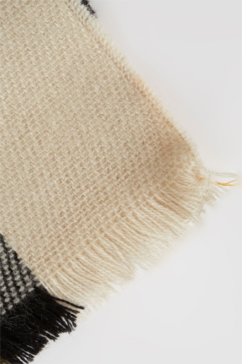 WOMAN Beige Women's Plaid Patterned Tasseled Scarf