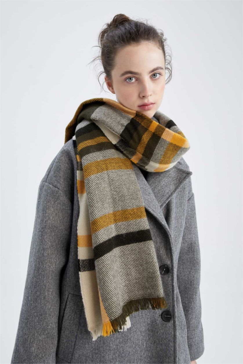 WOMAN Beige Women's Plaid Patterned Tasseled Scarf