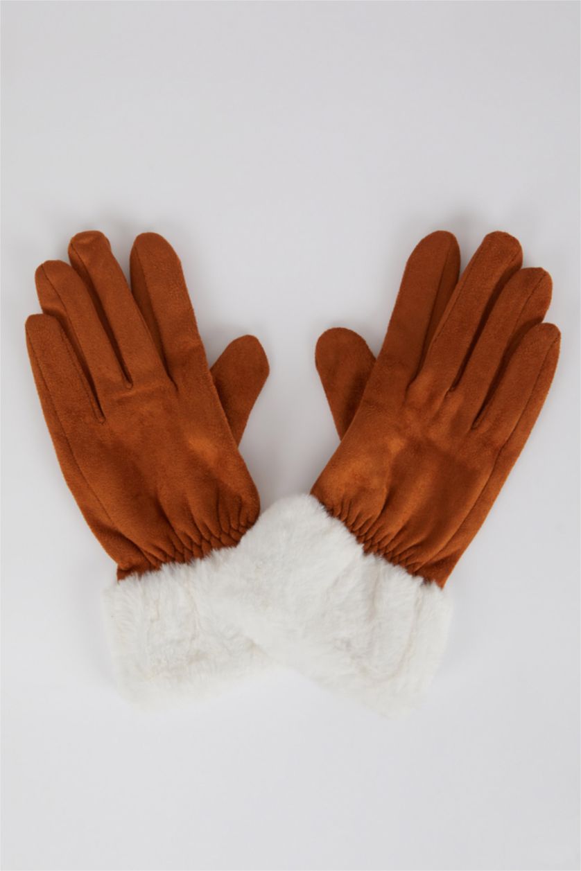 Kadın Açık Kahve Kadın Polar Suni Kürk Detaylı Eldiven