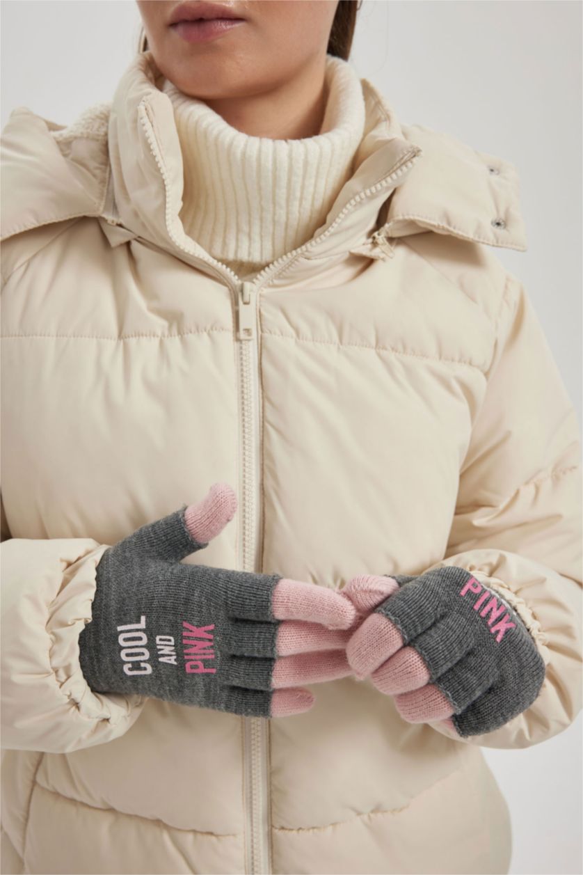 نساء ميلانج رمادي قفازات نسائي بطباعة الشعار