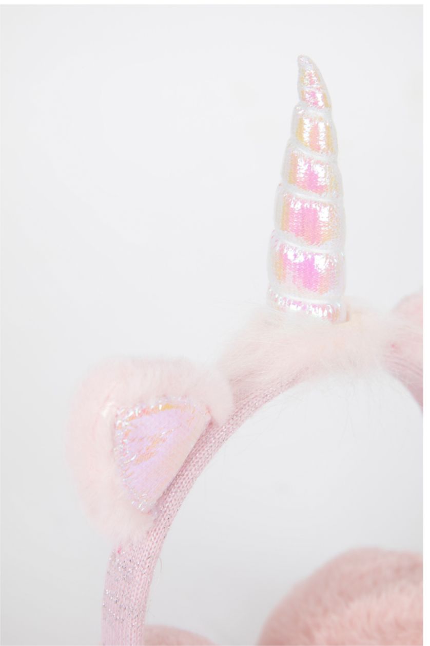 Kız Çocuk - Genç Kız Pembe Kız Çocuk Unicorn Desenli Pelüş Kulaklık Bere