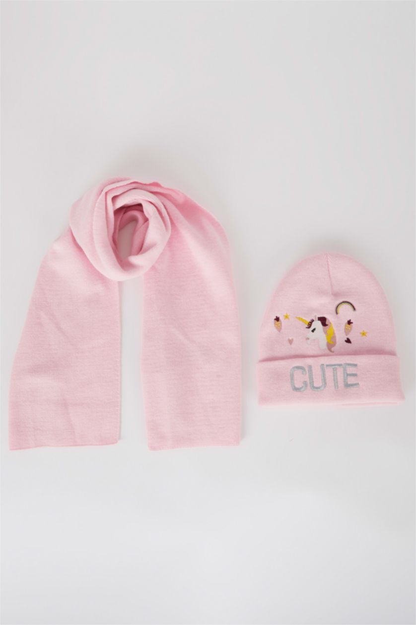 GIRLS & TEENS Pink Girl Unicorn Patterned Beret Scarf Set