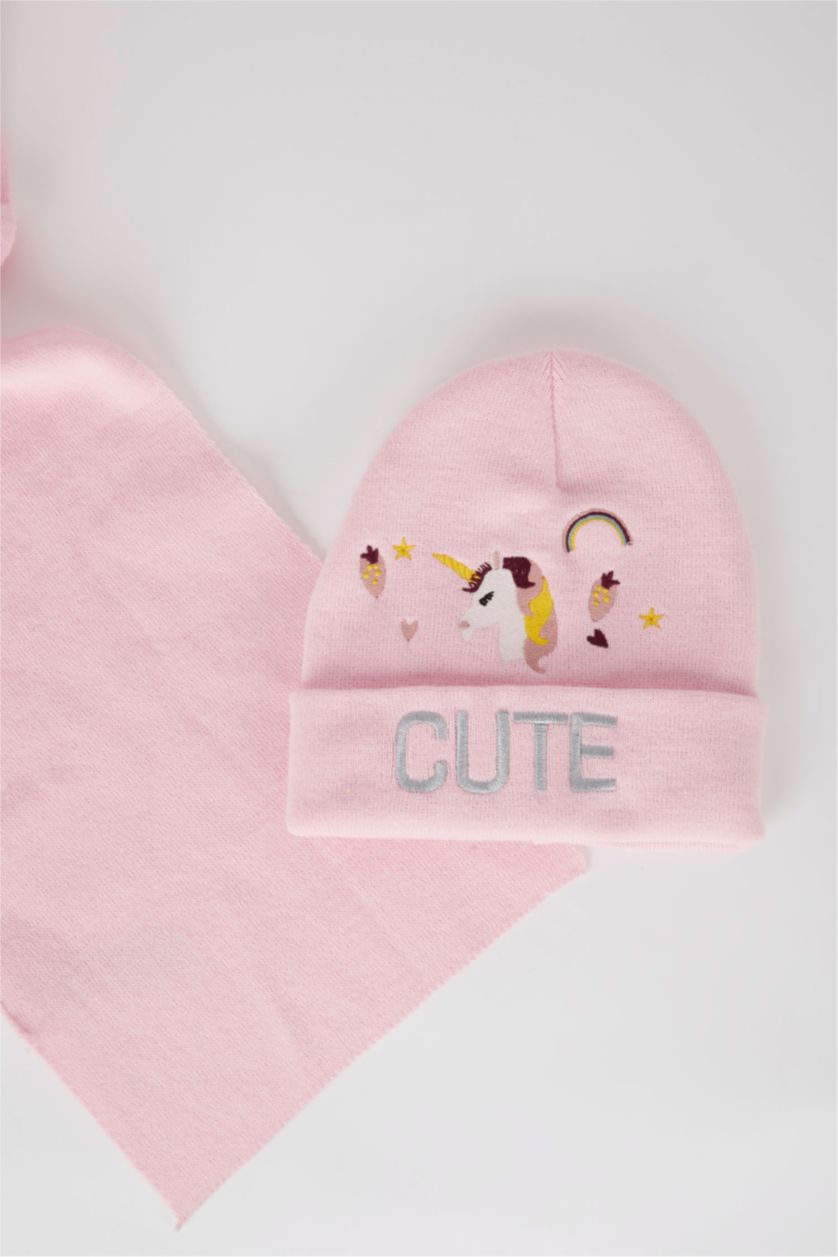 GIRLS & TEENS Pink Girl Unicorn Patterned Beret Scarf Set