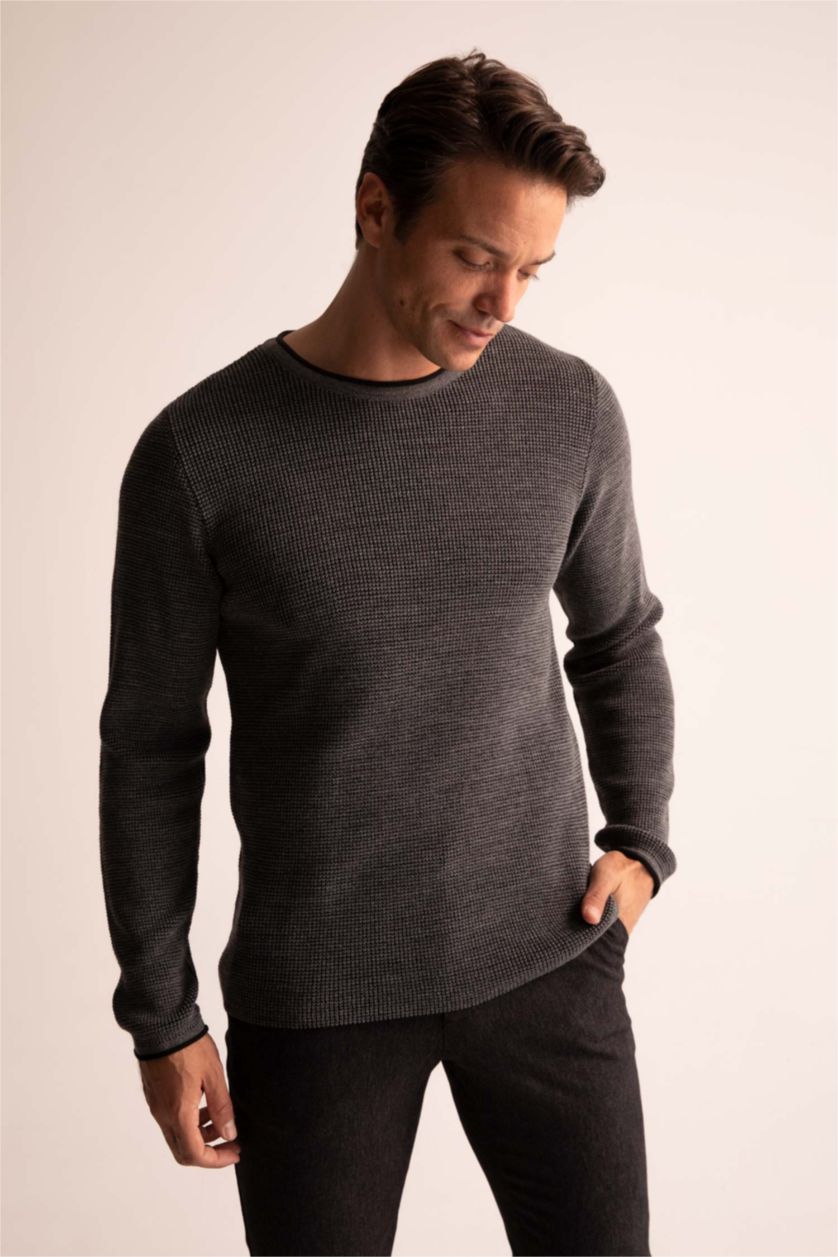 MAN Dark Grey Melange Regular Fit Crew Neck Knitwear Sweater