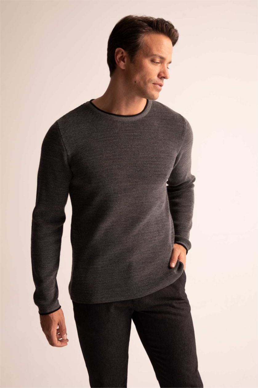 MAN Dark Grey Melange Regular Fit Crew Neck Knitwear Sweater
