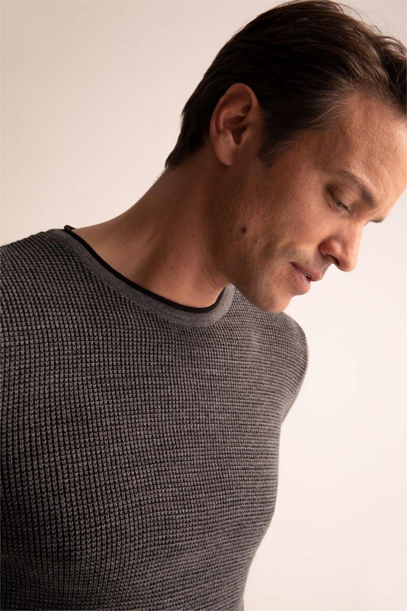 MAN Dark Grey Melange Regular Fit Crew Neck Knitwear Sweater