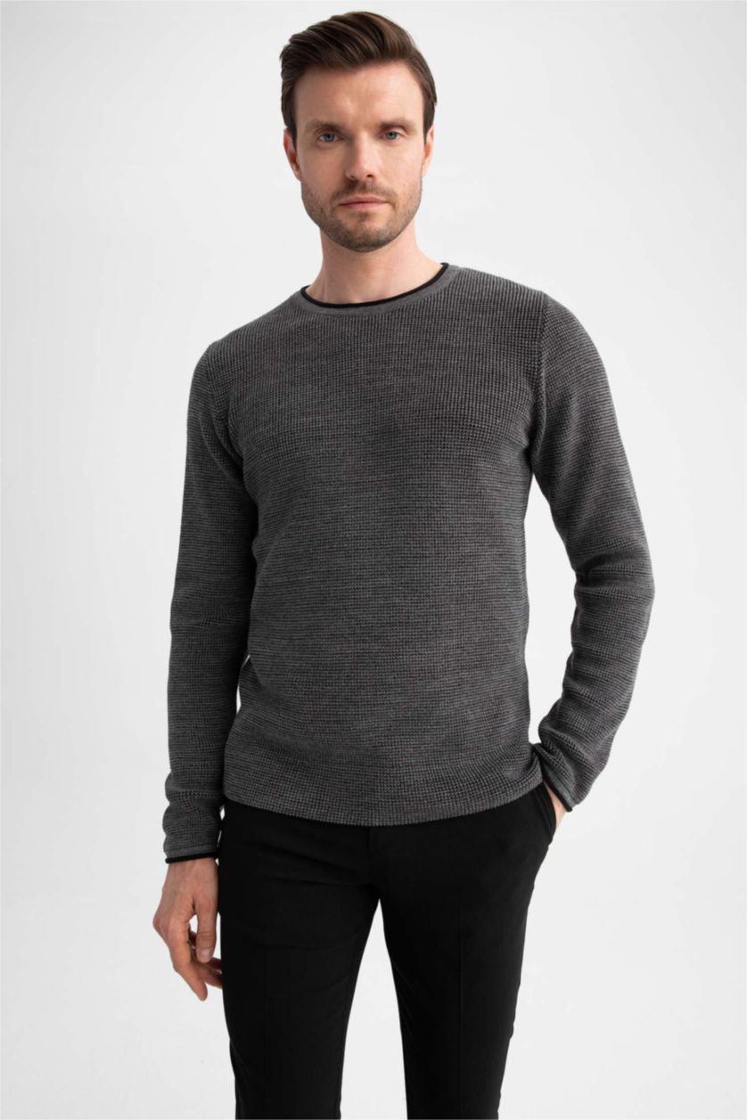 MAN Dark Grey Melange Regular Fit Crew Neck Knitwear Sweater