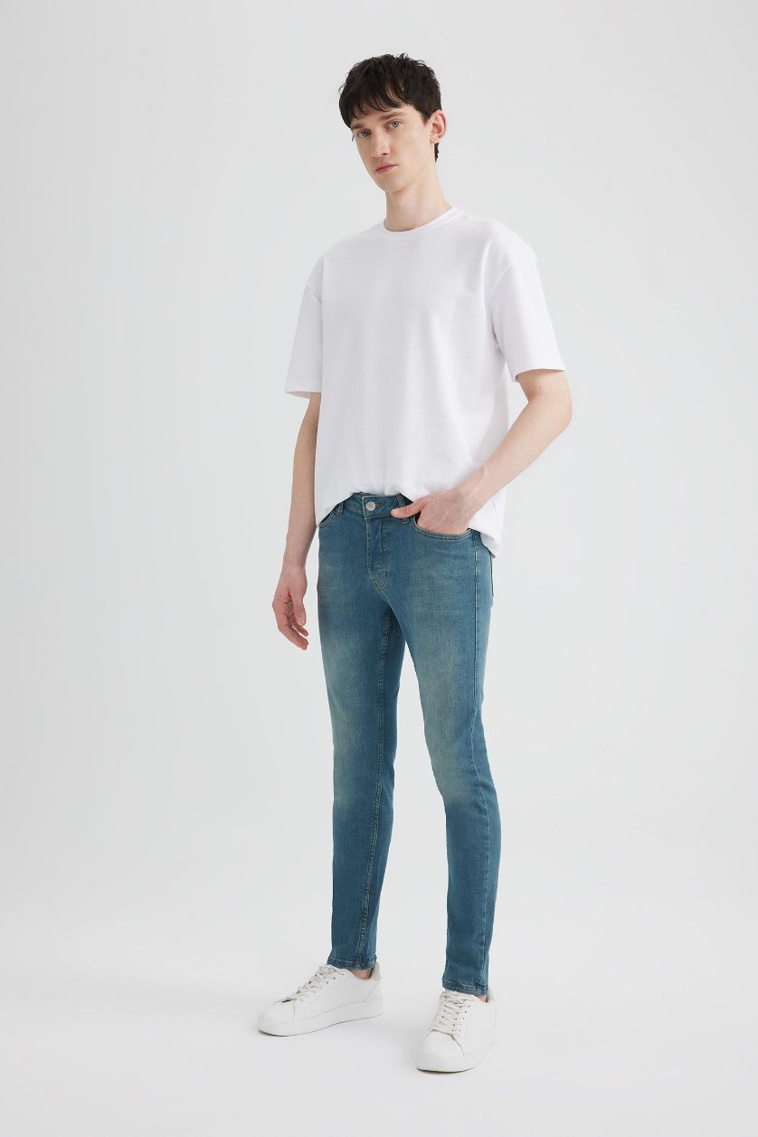 Man Light Green Super Skinny Extra Tight Normal Waist Jeans