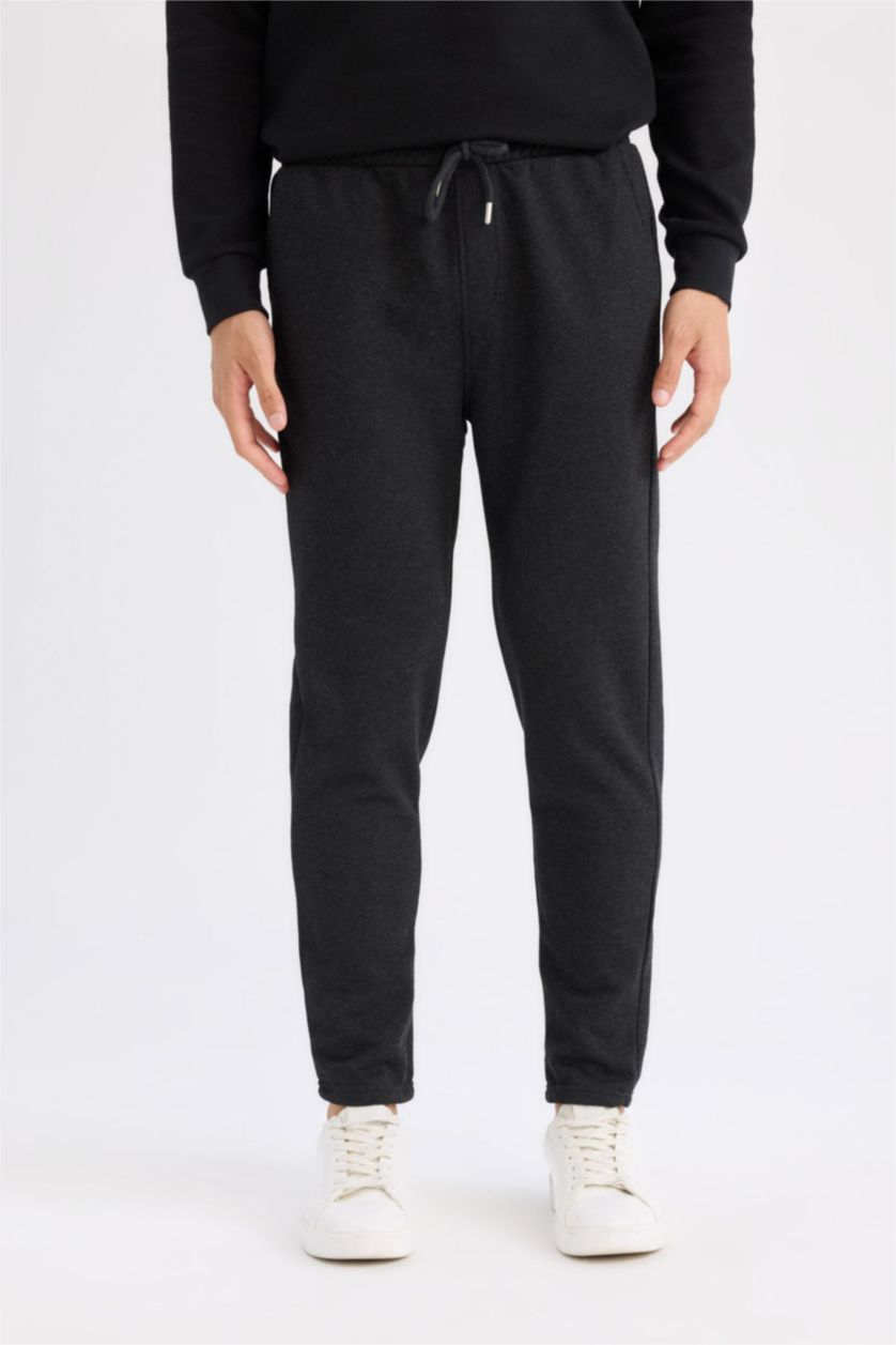 Erkek Antrasit Melanj Pike İnce Eşofman Altı Slim Fit Dar Kesim Düz Paça Beli Bağcıklı Cepli