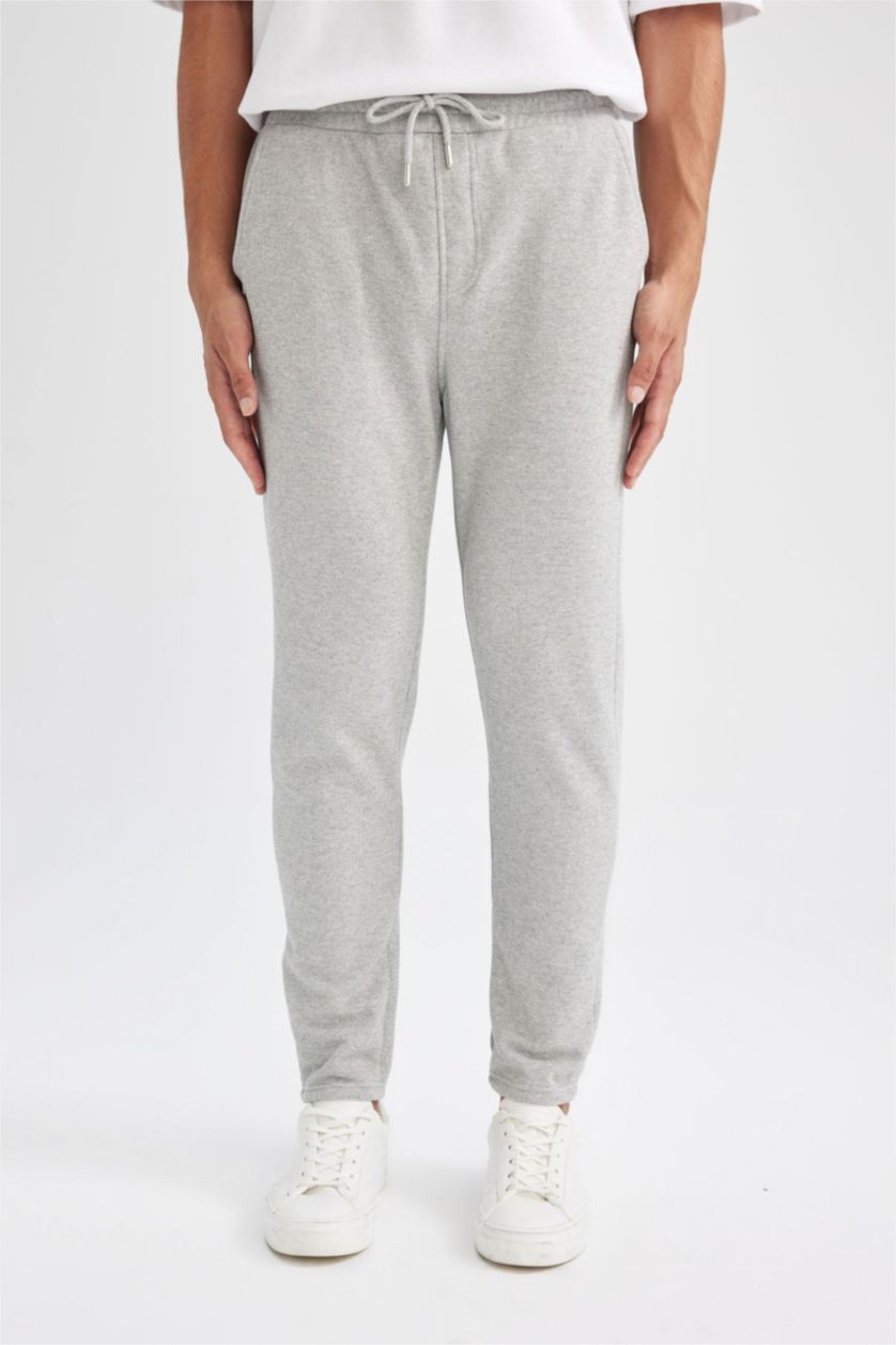 Erkek Gri Melanj Pike İnce Eşofman Altı Slim Fit Dar Kesim Düz Paça Beli Bağcıklı Cepli